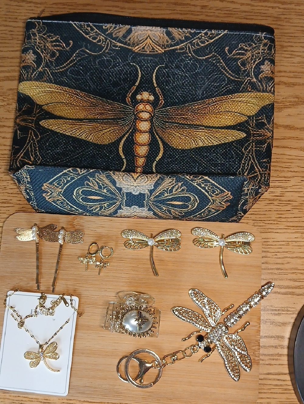 NWOT 9PC Dragonfly Jewelry-Hair-Key-Makeup Bag Bundle Plated/Copper/Crystal